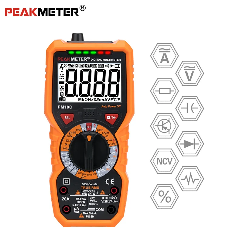 

PEAKMETER PM18C Digital Multimeter with True RMS AC/DC Voltage Resistance Capacitance Frequency Temperature NCV Tester