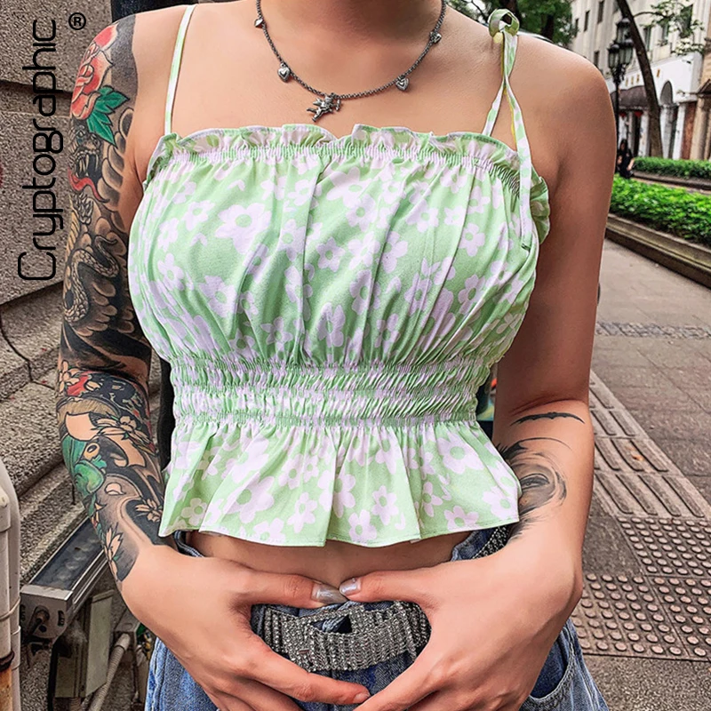 

Cryptographic Floral Sexy Backless Camis Crop Tops 2019 Summer Top Mujer Ruffles Short Tank Slim Cropped Feminino Streetwear
