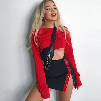 

1pc Sexy Contrast Striped High Waist Plus Size Split Hip Mini Skirt Women Party Hiphop Skirt