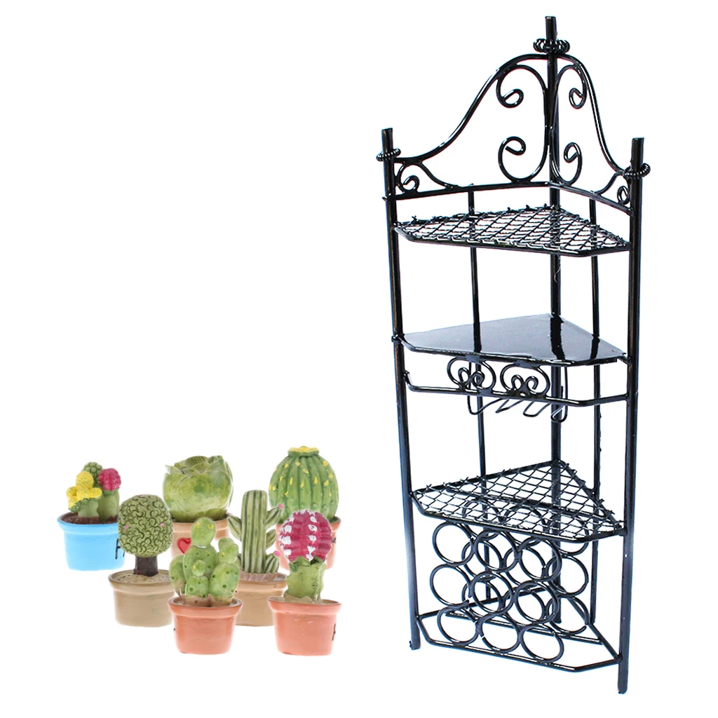 1/12 Dollhouse Miniature Garden Decor - 7 Pieces Mixed Potted Plants & Metal Flower Shelf For Dolls House Outdoor Accessory