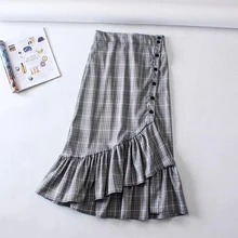 Спереди однобортная Нижняя хлопковая клетчатая Асимметричная юбка Элегантная универсальная юбка до середины икры с хвостом
