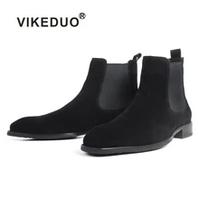 VIKEDUO 2019 Autumn New Fashion Cow Suede Flat Chelsea Boots For Men Black Slip-On Suede Lining Handmade Driving Boots Hombre