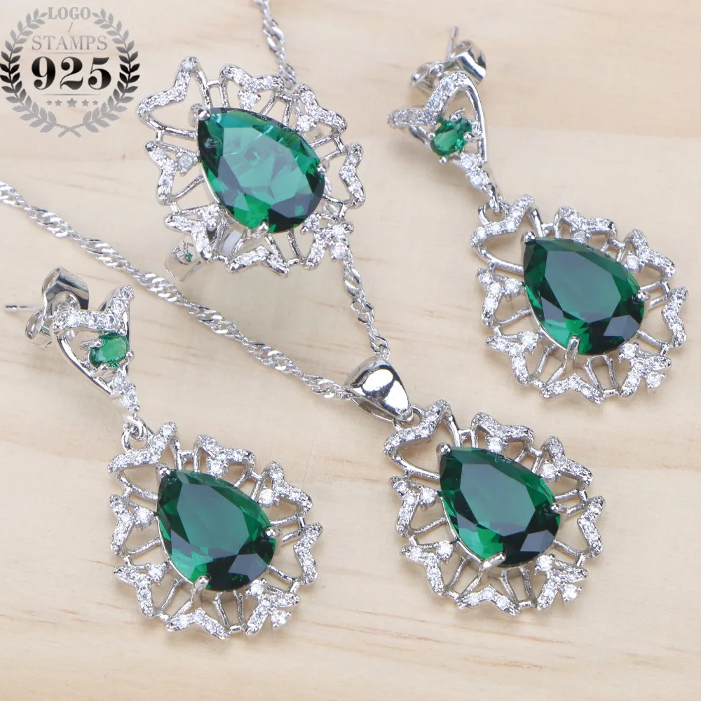 

Green CZ Rhinestone Wedding Silver 925 Jewelry Sets Pendants&Necklaces Earrings Ring For Women Dubai Jewelery Set Free Gift Box