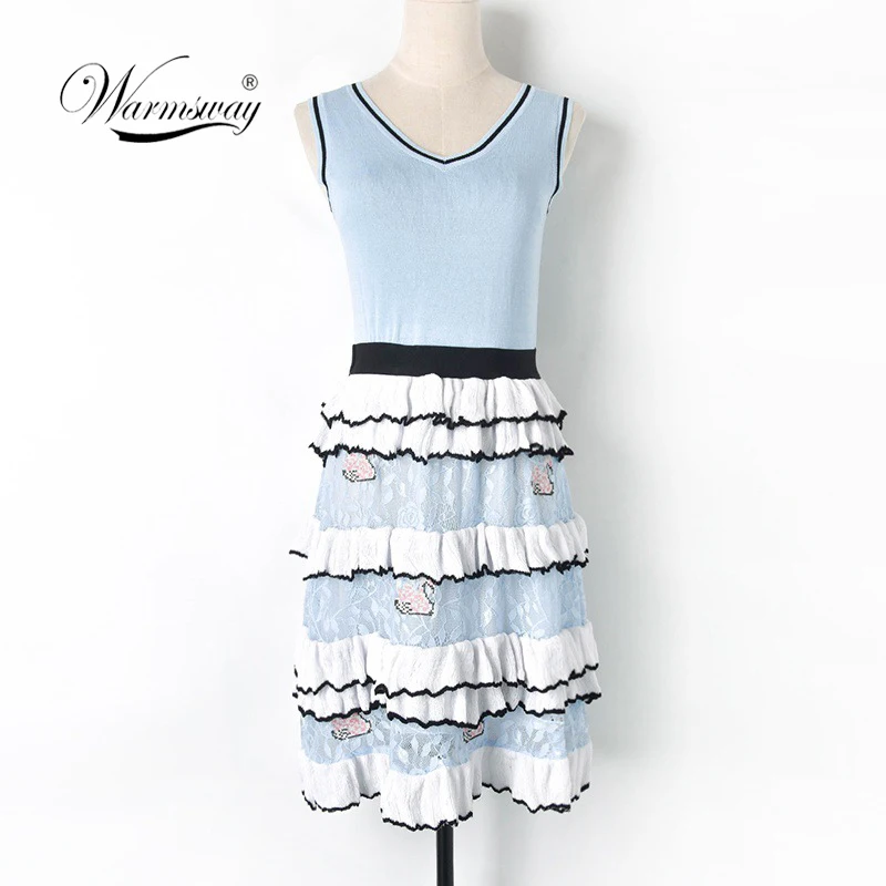 

High Quality 2019 Runway Summer women Backless Cake Dress Lace Embroidery sleeveless Ruffles party Dress vestidos C-155