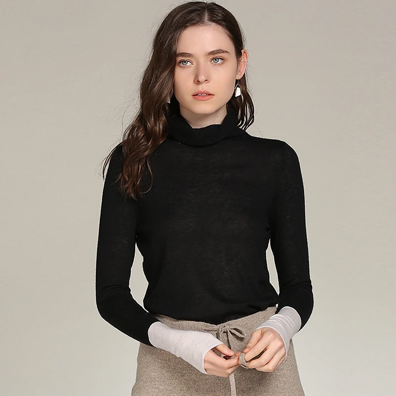 

100% Cashmere Sweater Women Simple Design Turtleneck Patch Long Sleeve 3 Colors Ladies Basic Pullovers Knitwear 2018 New Fashion