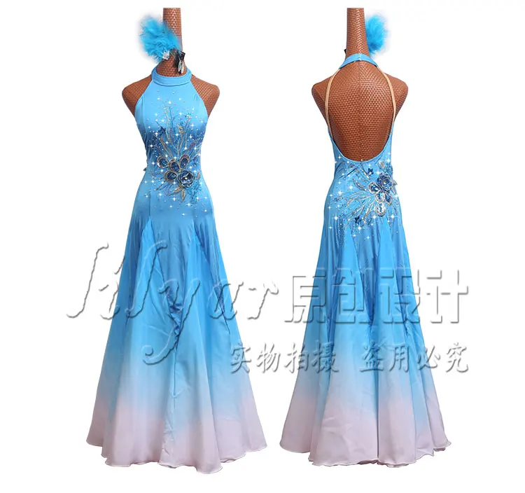 

Modern Dance Costume Performing Dress Competition Dress Ice Snow Blue Chinese Shoulder-Collar Embroidered Dance Skirt