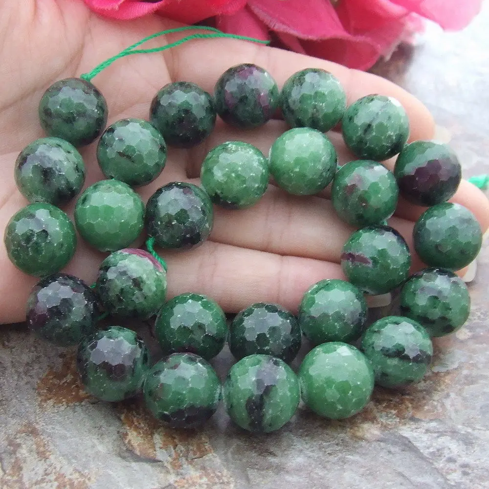 

8SE10936 14mm Green Stone Zoisite Faceted Round Beads 15.5" Strand
