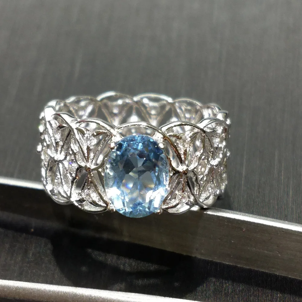 FLZB Jewelry Natural Perfet Aquamarine Ring Solid 925 Sterling Silver