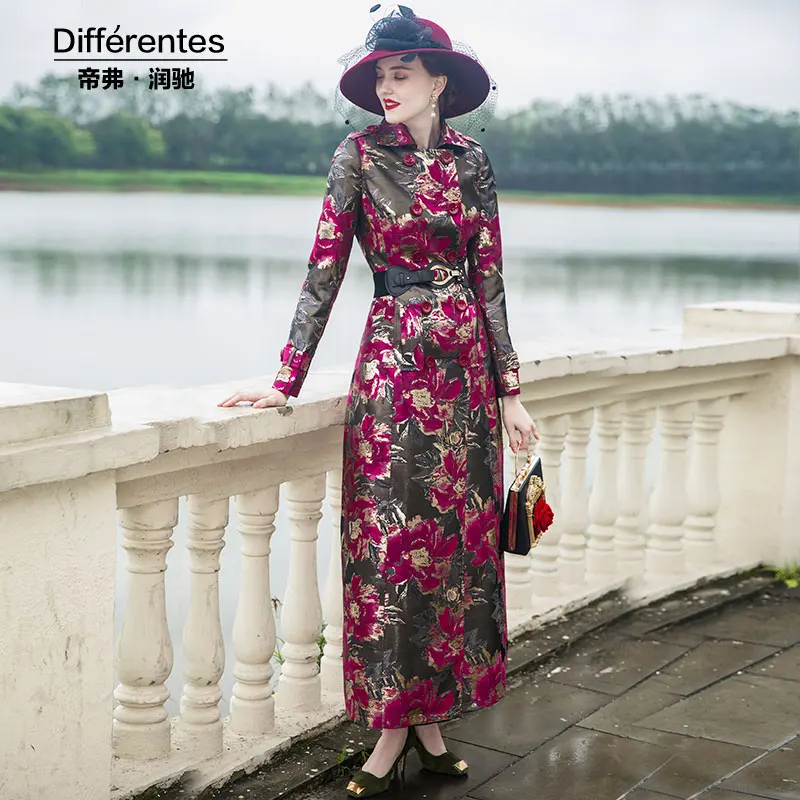 

DF Autumn Embroidery Flowers Long Coat Slim Designer Women Full Length Double Breasted Overcoat 9043