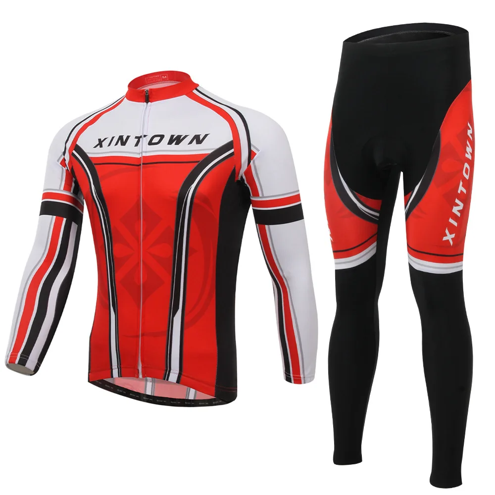 XINTOWN Red Cycling Sportswear Men Bicycle Jersey Set Quick Dry Long