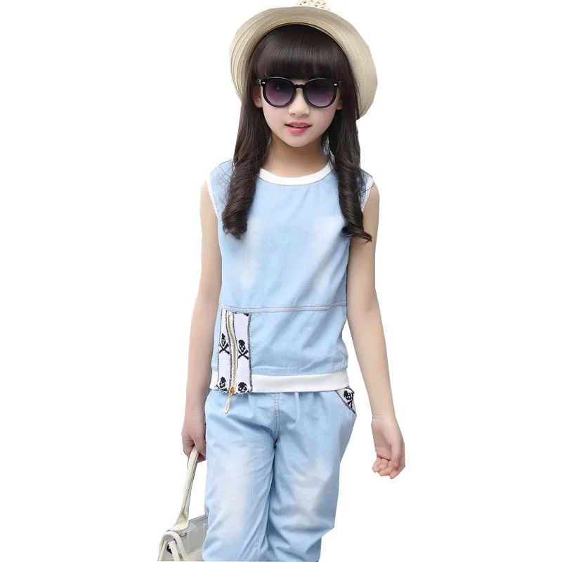 kids 2017 summer girls sleeveless cowboy suit children s zipper two piece suit coat trousers