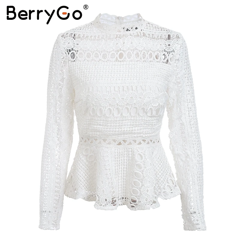 BerryGo, элегантная кружевная белая блузка с баской, рубашка,, с рюшами, с длинным рукавом, модная женская блузка, женская, Осень-зима, топ, для офиса, леди - Цвет: Белый