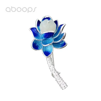 

Fashion 925 Sterling Silver Blue Lotus Flower Brooches with White Stone for Women Girls Free Shipping