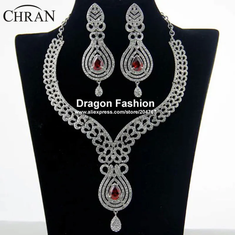 Chran Fashion Red CZ stone Luxury Necklace Earring African Jewelry Sets wedding Silver Color Accessories Top Elegant Party Gift