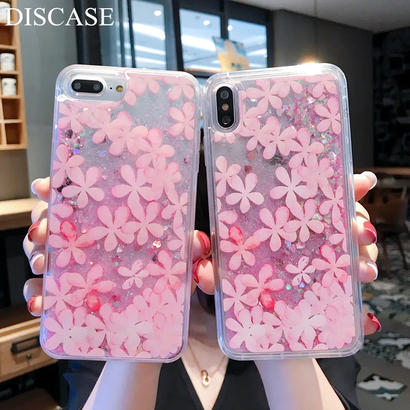 DISCASE Fashion Cute Cherry Powder Phone Case For iphone XS MAX XR X 8 7 6 6s plus Cases Luxury Liquid Quicksand Glitter Cover | Мобильные