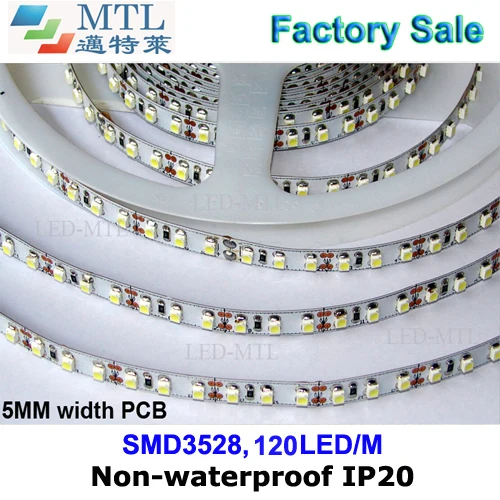 

Narrow LED strip 3528 strip 5MM width, 12V 120LED/M, 50M/lot, IP20 non-waterproof, 2 years warranty, Factory Wholesale