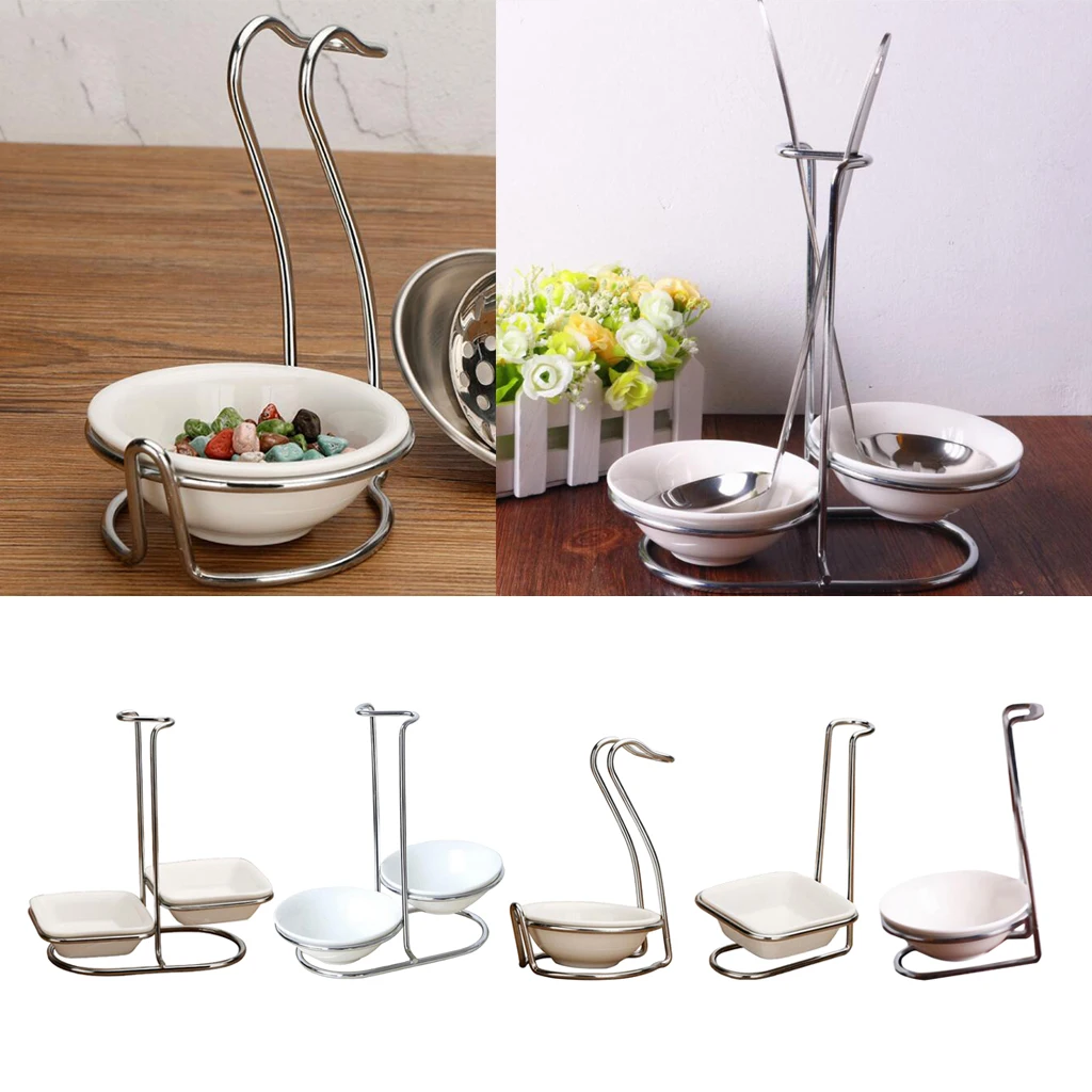 Modern Round Ceramic Bowl Ladle Stainless Steel Spoon Rest Holder with Polished Pot Clips Vertical Design Rack Kitchen Gadgets
