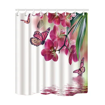 

Waterproof Shower Curtain Pink Flowers Butterfly Print Polyester Washable Fabric Bath Curtain Home Bathroom Curtains with Hooks