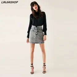 Linjiashop Повседневное летняя юбка Для женщин и пуговицы, прямые Высокая Талия Для женщин деним мини-юбка легко подбирается блогер Стиль