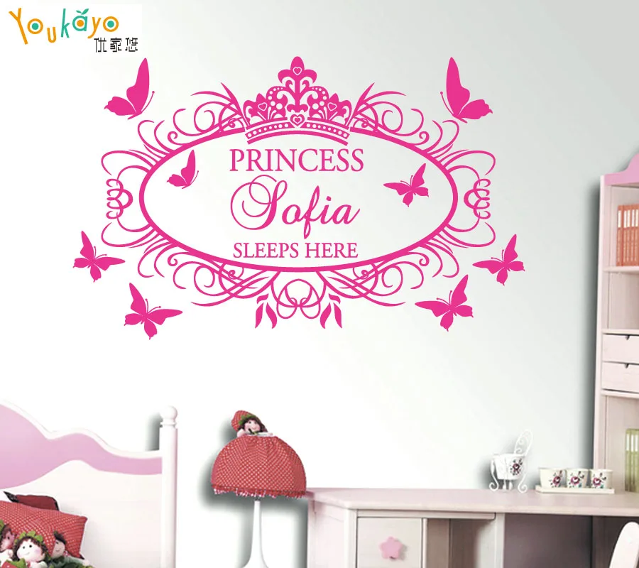 DIY Принцесса Корона бабочки Персонализированные пользовательские имя наклейки на стену детский Декор