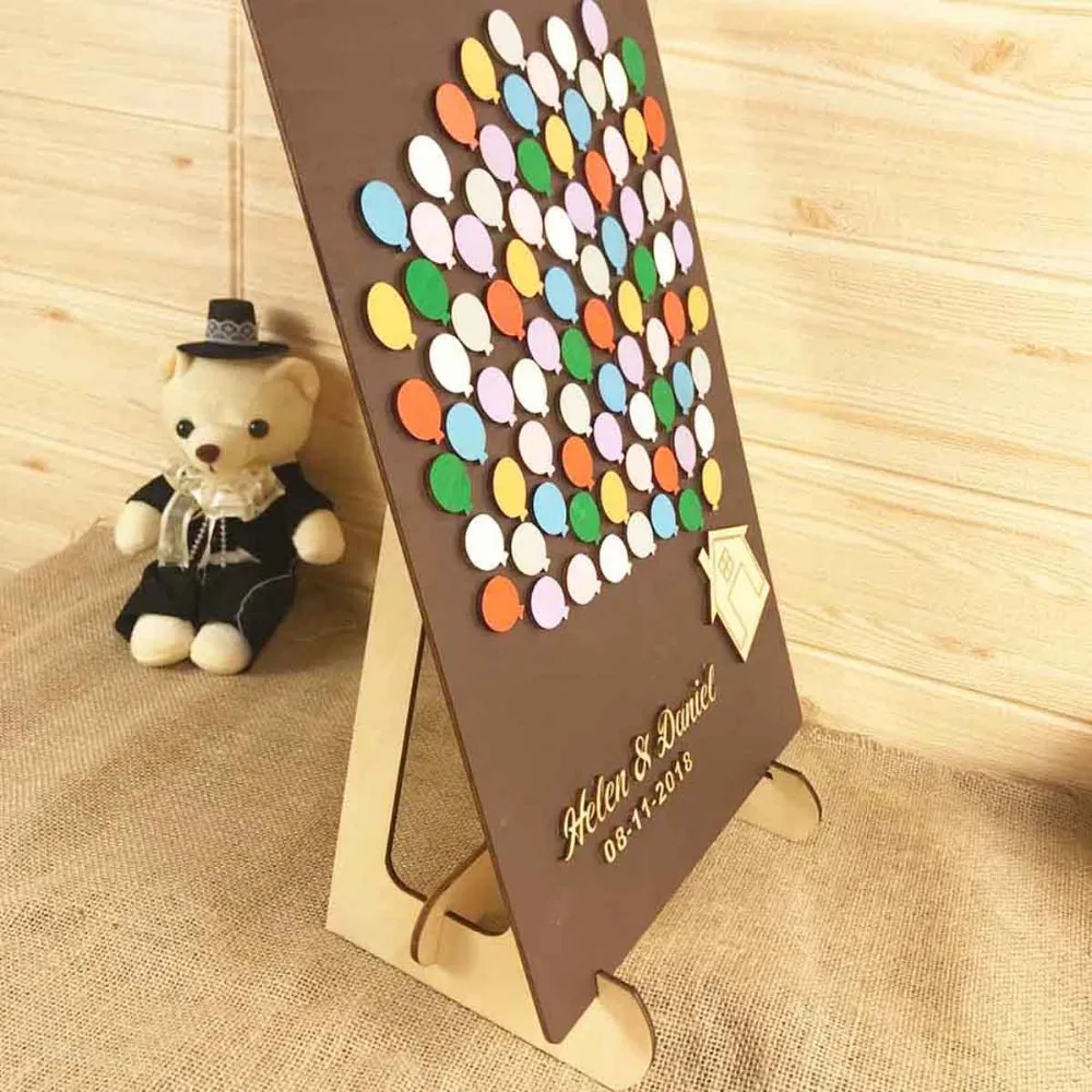 Personalized name & date 3D Balloon Wood House Gifts For Wedding Guests Guestbook ,Balloon Life Custom Wooden Wedding Guest Book (5)
