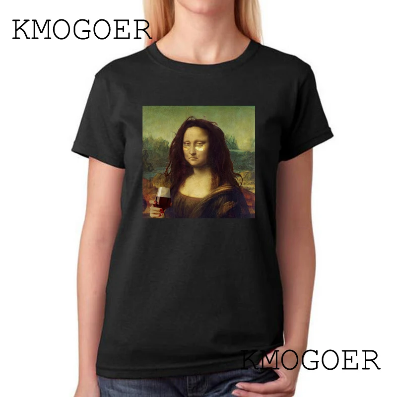 Mona Lisa Drinking red wine Tees забавные стильные летние модные черные футболки с коротким рукавом хлопковые топы женская уличная футболка