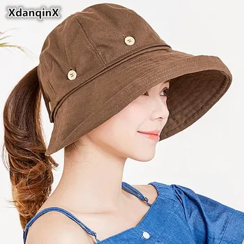 

XdanqinX 2019 Summer New Style Ladies Big Visor Sun Hats Sunscreen Removable Button Cloth Hat UV Resistant Beach Hat For Women