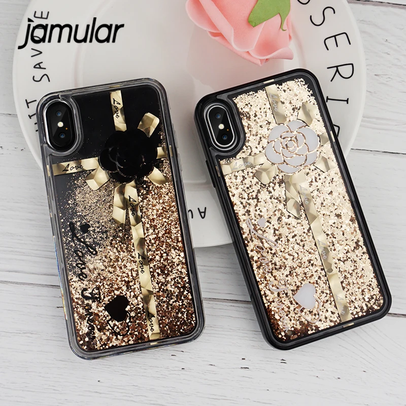 

JAMULAR Bling Liquid Quicksand Phone Cases For iPhone X 8 7 6s Plus Shiny Sequin PC Silicone Back Cover For iPhone 7 6 6s Coque