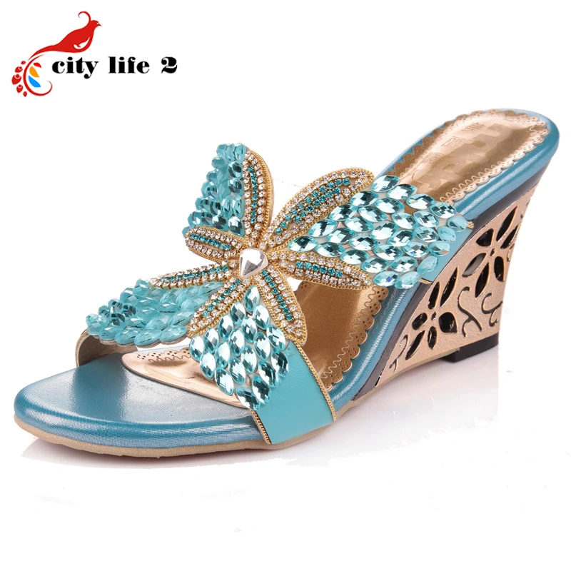 Summer 2016 Wedges Shoes Rhinestone New Slippers High Heeled Shoes Peep Toe Genuine Leather Diamond Sheepskin