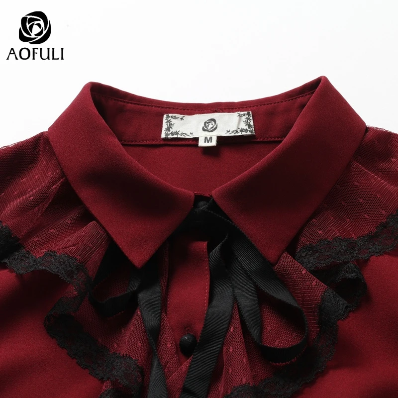 Женская блузка AOFULI с длинным рукавом рюшами кружевная бантом на каждый день L 3XL 4XL