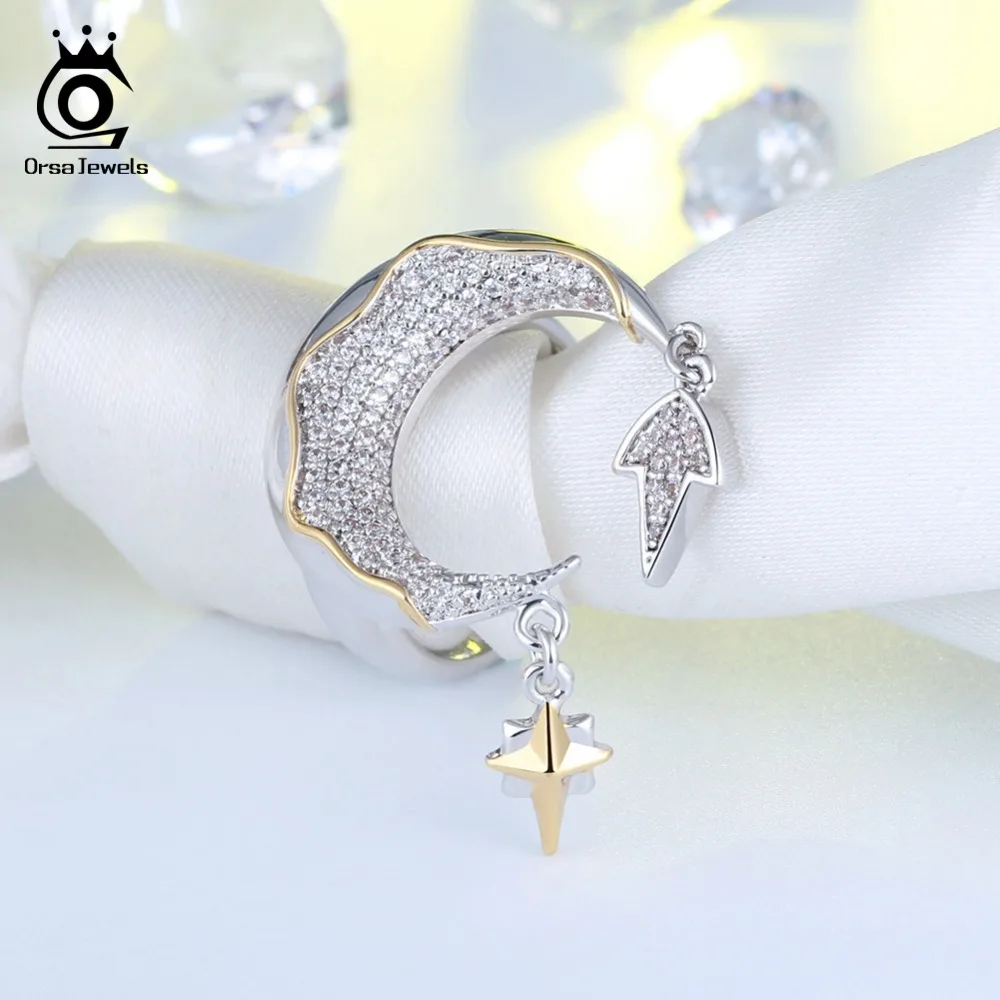ORSA JEWELS Women Finger Rings Silver Color With Gold-color 23MM Moon And Dangle Meteor Shiny CZ Adjustable Female Jewelry OR185