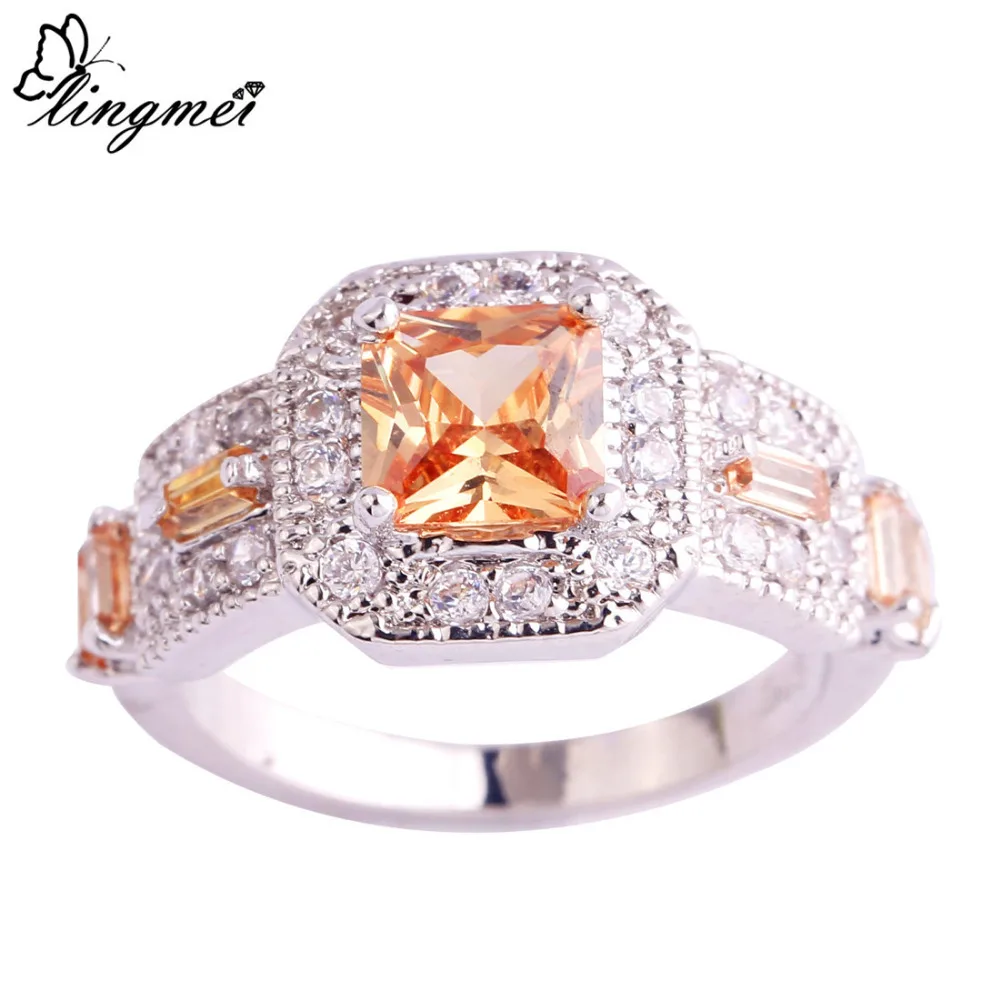 

lingmei Women Art Deco Jewelry Cocktail Party Gift Champagne White CZ Silver 925 Wedding Ring Size 6 7 8 9 10 11 Wholesale