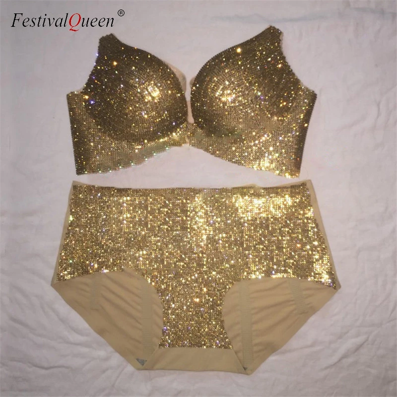 FestivalQueen High Quality Rhinestone Bra Two Pieces Set Women Luxury Sexy  Handmade Padded Bra Sets Gold Silver