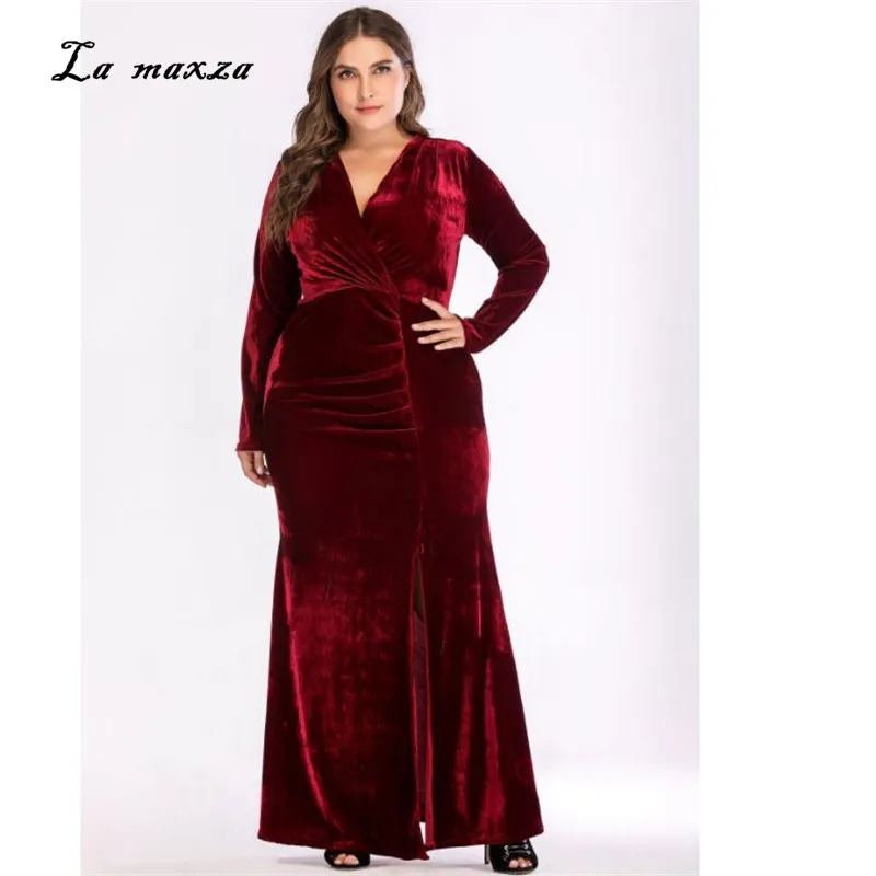 

Plus Size 2018 Women Autumn Velvet Vintage Sexy Dress Elegant Party Fashion Maxi Dress New Arrivals
