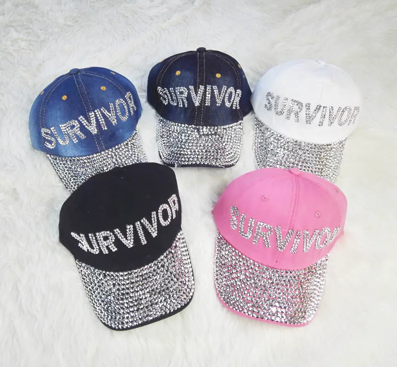 

2016 New Survuvor Letters Diamond Point denim Blue pink caps women baseball cap girls Hat rhinestone hat For Men Teens