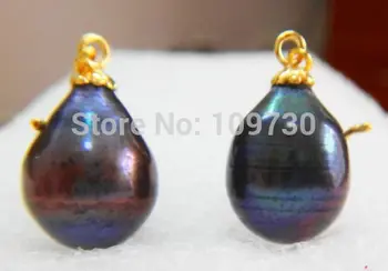 

ry00315 PAIR OF PERFECT NATURAL TAHITIAN GENUINE 15MM BLACK DROP PEARL EARRING 14K (C0328)