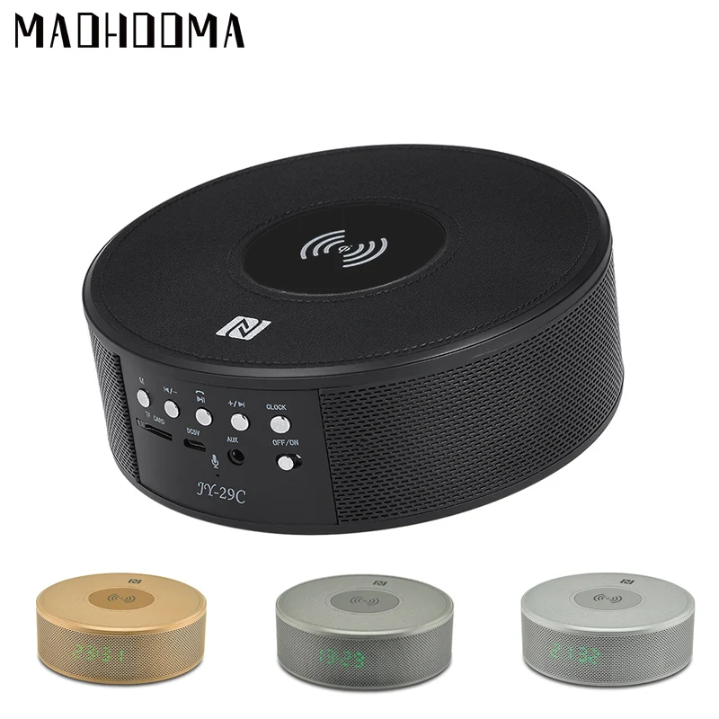 

Portable Bluetooth Speaker Qi Wireless Charger Stereo Sound Speaker Time Displayer TF Card NFC Built-in Mic For iphone X Samsung