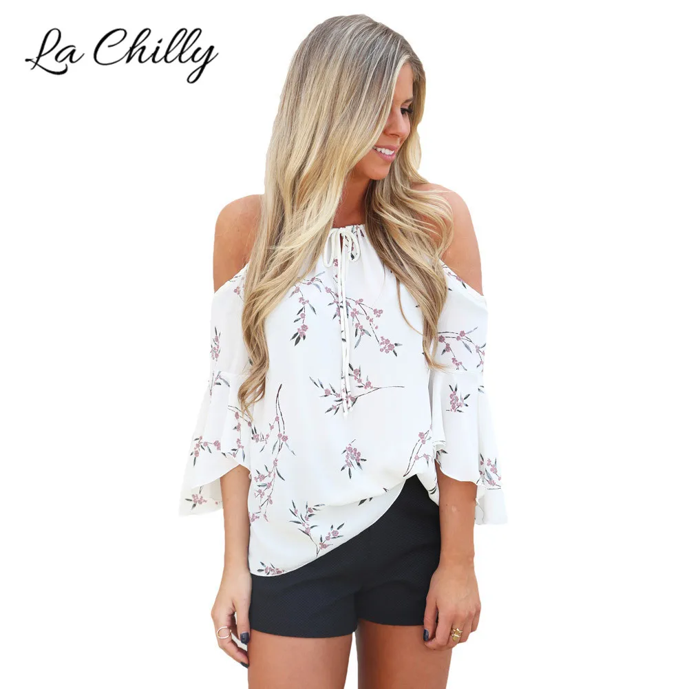 

2018 Plus Size Women Chiffon Clothing Boho Style Casual Half Sleeve Cold Shoulder Spring Blossoms Top LC250305 Blusas Feminina