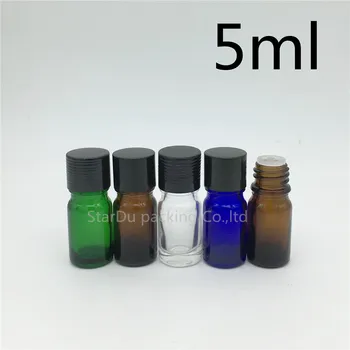 

High-quality 5pcs/lot 5ML Glass Bottle Vials Essential Oil Bottle, 5cc Perfume bottles black Aluminum cap with plug