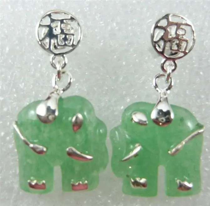 

charm green jade carved elephant stud earring free shipping