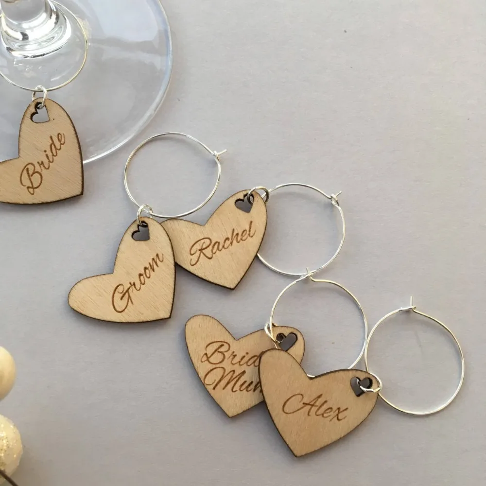 Personalised Wedding Wine Glass Charms Favours Deep Pink Bride - Heart - DIY