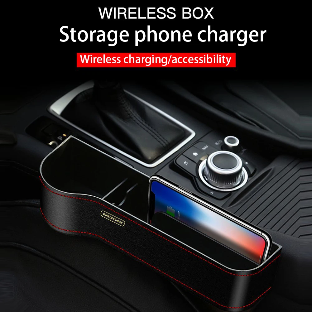 Q7 QI Car Wireless Charger Storage Box Seat Slit Gap Crevice Storage Charging Station Box for iPhone 8/X Samsung Galaxy S9/S9