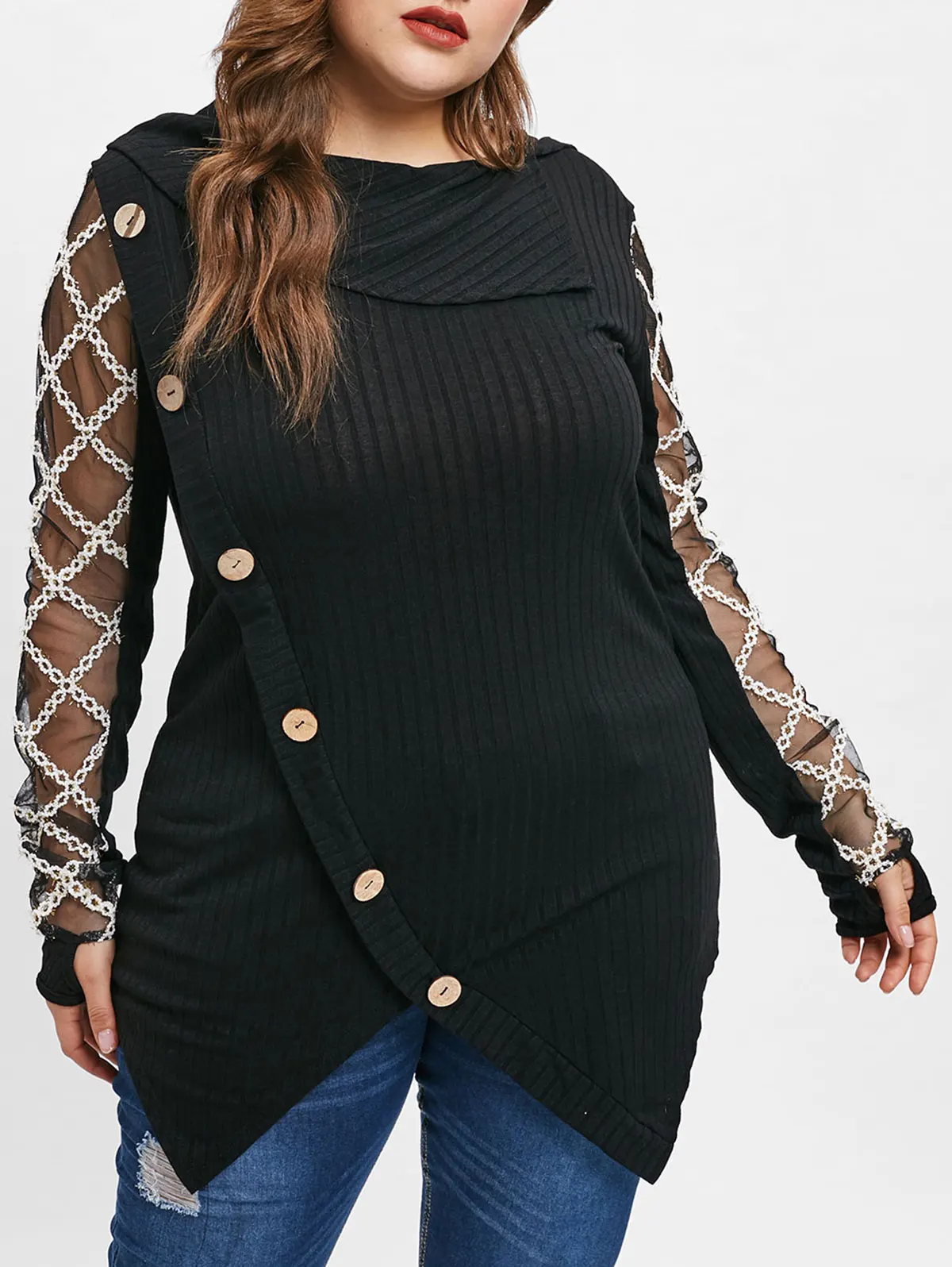 ROSEGAL размера плюс 5XL-L ассиметричный сексуальный сетчатый кружевной вязаный свитер для женщин более размера d джемпер туника пуловер вязанный Pull Femme Топы - Цвет: Black