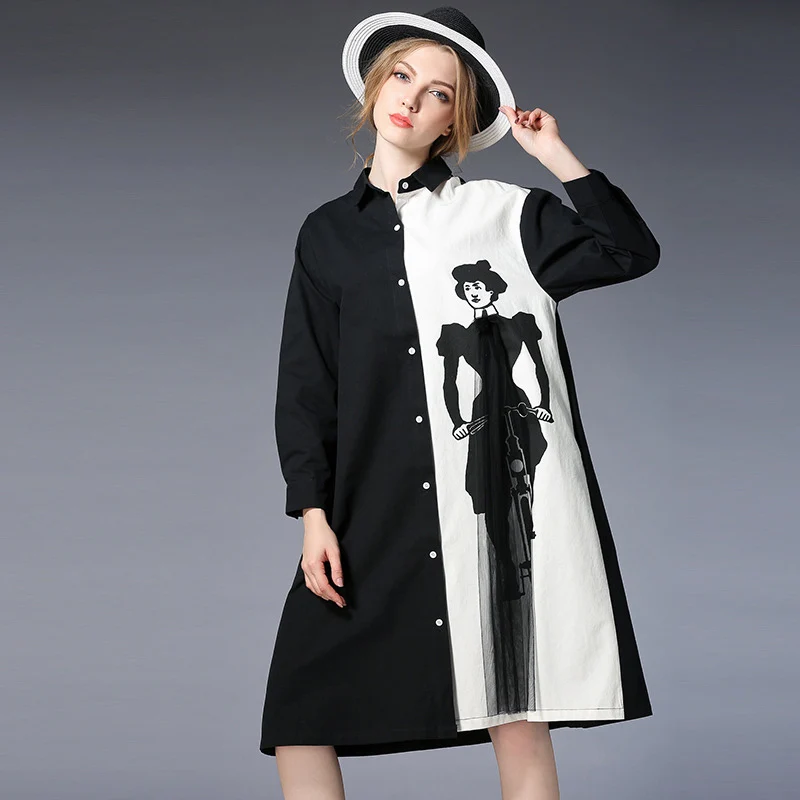 CHICEVER Print Long Feminine Blouse Lapel Batwing Sleeve Loose Women's Shirt Mesh Patchwork Vintage Clothes Top 2018 Spring New