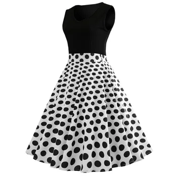 

Summer Dress Pleated Nice Sleeveless O Neck Dot Printed Evening Party Prom Swing Tnak Dress Summer Fashion