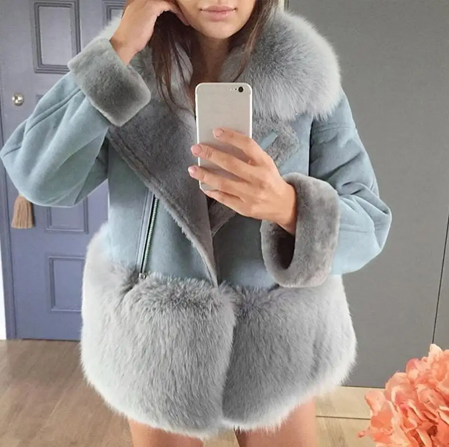 2018 autumn winter women fashion suede stithching faux fur jacket thick warm female coats Casual long sleeve short coat r517