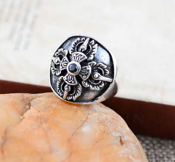 

925 sterling silver jewelry inlaid Onyx Crusader flower fashion men's ring 042521w atmosphere