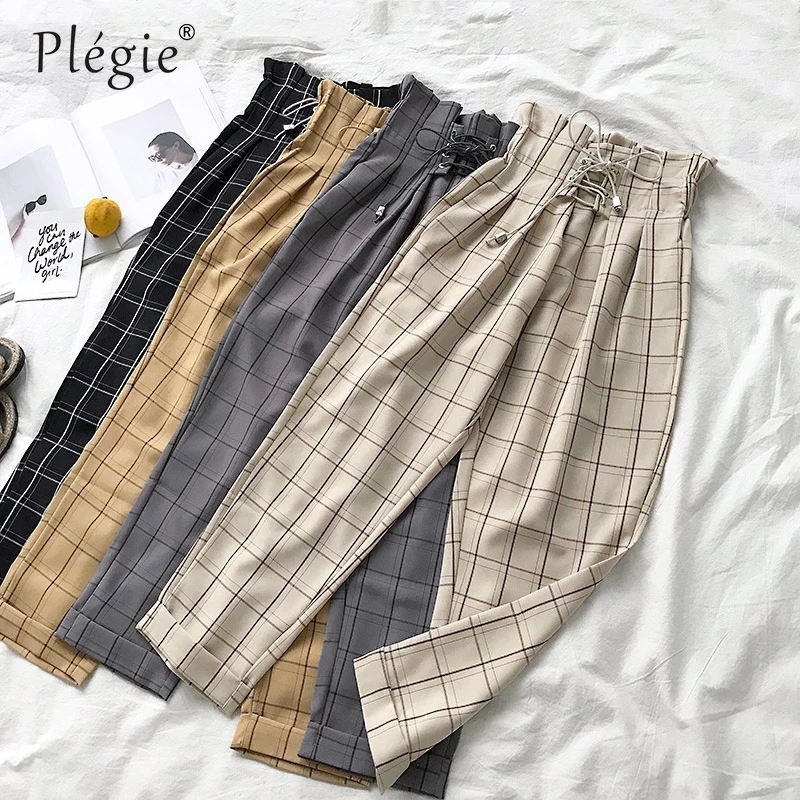 

Plegie Drawstring Lacing Up Waist Plaid Pants Women 2019 New Spring Autumn Ankle Length Harem Pants Plaid Striped Pantalon Femme