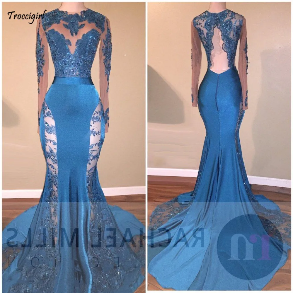 24-1                Illusion Long Sleeves 2017 New Ocean Blue Lace Appliques Prom Dresses Sheer Mermaid Keyhole Backless Stretchy Sweep Train Evening Gowns