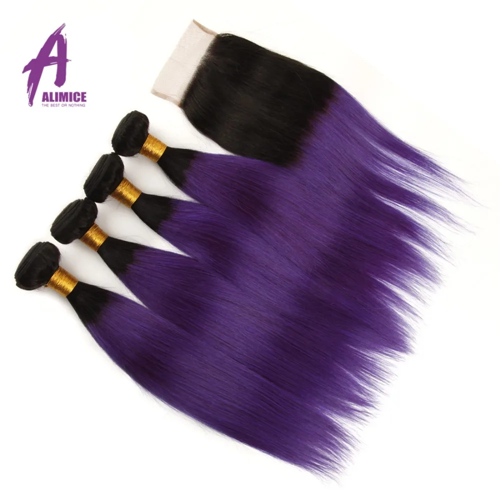 Alimice Ombre Peruvian Straight Hair 2 3 4 Bundles With Closure T1BPurple 2 Tone Ombre Human Hair 100% Remy Hair Weave Bundles  (18)